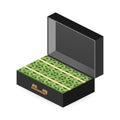 Open portfolio with money, suitcase with money, gold coin and cash in open case isometric. Vector illustration. Royalty Free Stock Photo